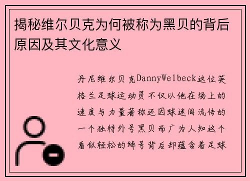 揭秘维尔贝克为何被称为黑贝的背后原因及其文化意义